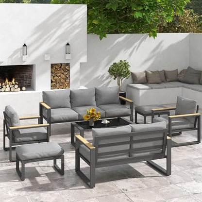 2 Pieces Aluminum Outdoor Patio Ottoman Set, Outdoor Foot Stools with Thick Cushion, Small Seat Furniture for Porch Balcony Backyard, Grey
