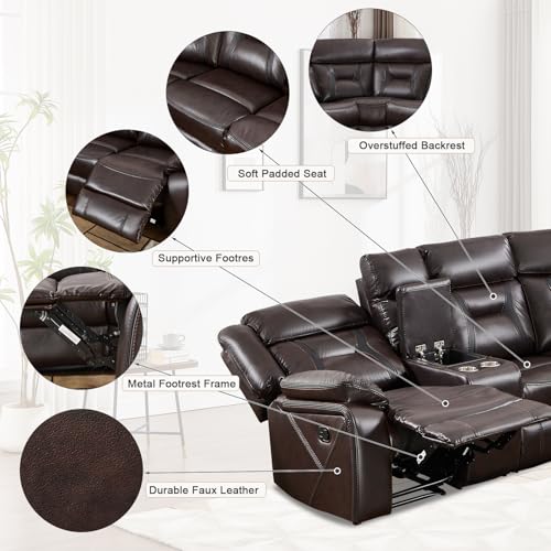 Faux Leather Reclining Sectional Couch for Living Room, L-Shaped Sectional Corner Manual Recliner Sofa Home Furniture Set with Center Console, Cup Holders and Storage, Dark Brown