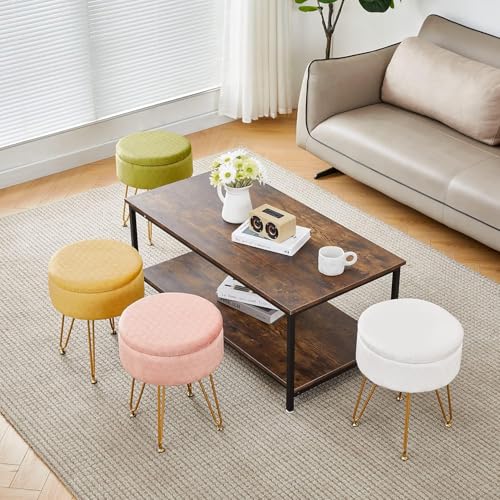 Foot Stool Velvet Storage Ottoman with Removable Lid Round Sofa Stools Foot Rest with Padded Seat Modern Style Makeup Stool Decorative Furniture Suitable for Lounge Dorm Room Blush