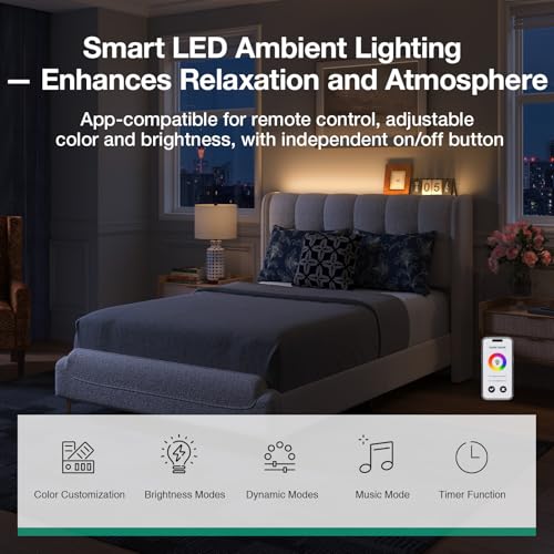 Queen Bed Frame with Charging Station & LED Lights, view 6