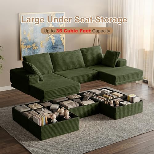 107" Modular Sectional Sofa with Storage, 5-Seater High Density Foam Boneless Couch with Ottoman, 27" Deep Corduroy Oversized Cloud Couch for Living Room, Tool-Free Assembly, Olive Green