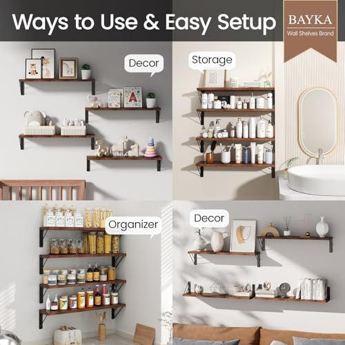 Wall Shelves for Bedroom Decor, Floating Shelves for Wall, Display Mounted Rustic Wood Shelf for Books,Plants,Corner Shelves for Bathroom,Kitchen,Living Room(Rustic Brown，23in，Set of 4)