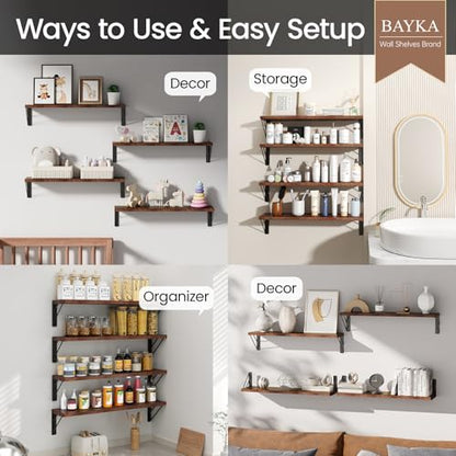 Wall Shelves for Bedroom Decor, Floating Shelves for Wall, Display Mounted Rustic Wood Shelf for Books,Plants,Corner Shelves for Bathroom,Kitchen,Living Room(Rustic Brown，23in，Set of 4)