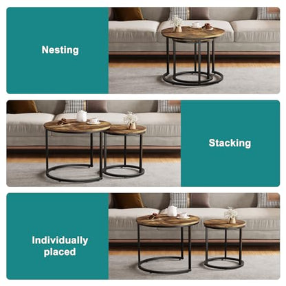 Nesting Coffee Table Set of 2, 23.6" Round Coffee Table Rustic Wood Top with Adjustable Non-Slip Feet, Industrial End Table Side Tables for Living Room Bedroom Balcony Yard
