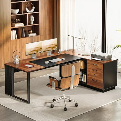 71 Inch L Shaped Executive Desk with Storage, Walnut+ Black, view 3