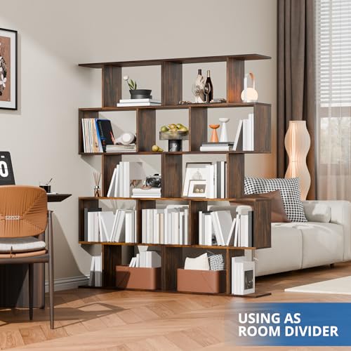 Set of 2 Geometric Bookcase, S-Shaped Modern Bookshelf, Room Divider Bookshelf, 62" Tall Unique Abstract Bookcase with 5-Tier Display Shelf for Living Room Office, Rustic Brown