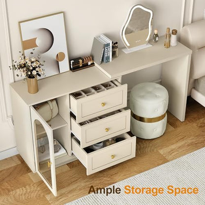 59" Makeup Vanity Desk, Beige Vanity Dresser for Girls and Women, view 6