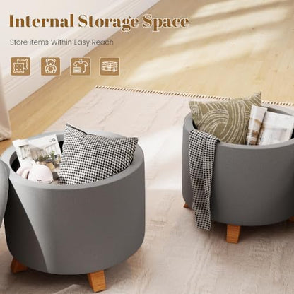 Round Storage Ottoman,Gray | Foot Stool Ottomans with Lids for Living Room,Bedroom,Entryway