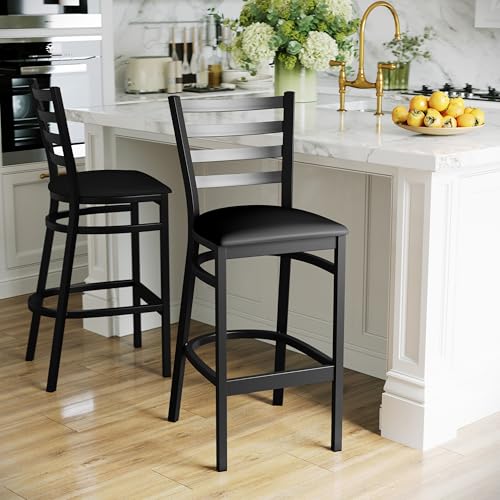 Hercules Series Ladder Back Metal Restaurant Barstool, Modern Upholstered Armless Bar Height Chair for Restaurants and Kitchens, Black