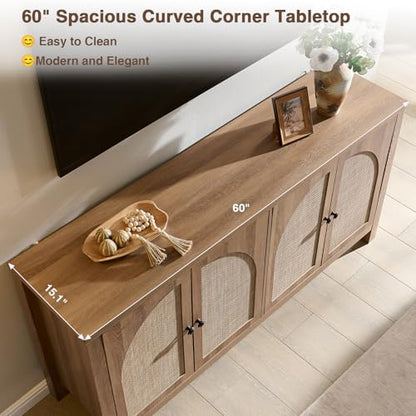 60" Rattan Sideboard Buffet Cabinet with Storage | Sideboard With Rattan Doors, Spacious Storage And Soft-Close Hinges, Ideal For Kitchens, Dining Rooms And Living Rooms