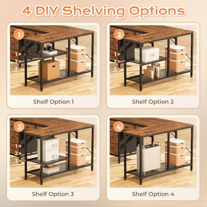 47 Inch L Shaped Desk with Power Outlets, 5 Fabric Drawers, view 8