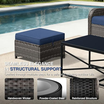 Outdoor Ottoman Set of 2, Patio Large Ottoman Foot Rest with Thickened Cushions, Outdoor Wicker Foot Stool for Porch, Deck Use