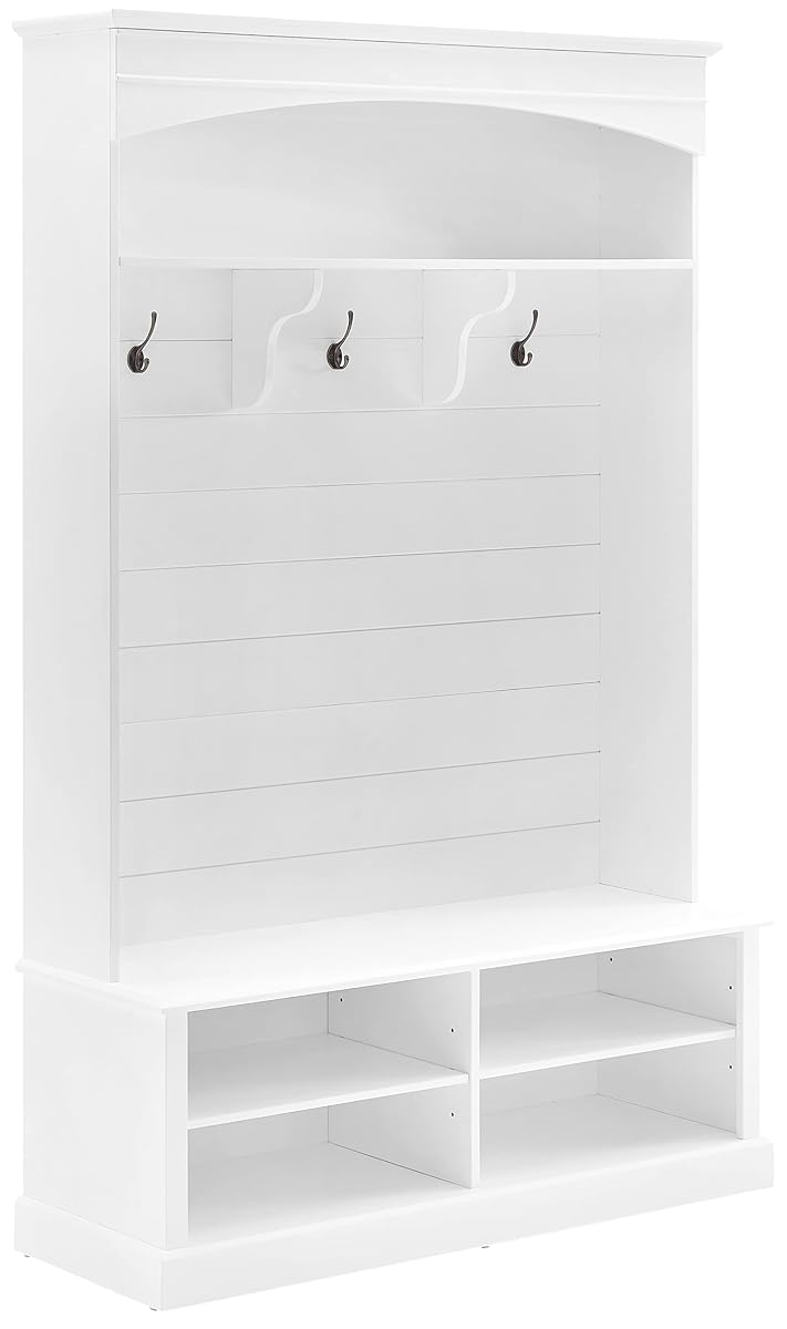 Bartlett Hall Tree with Shoe Rack Bench and Coat Hooks for Hanging, White