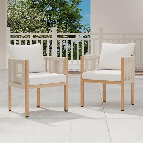 Outdoor Dining Chairs Set of 2, Wicker Patio Furniture Set with Armrests, Cushioned Backrest Patio Arm Chairs, Metal Barrel Dining Room Chair, Modern Kitchen Table Chair for Balcony, Beige