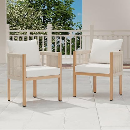 Outdoor Dining Chairs Set of 2, Wicker Patio Furniture Set with Armrests, Cushioned Backrest Patio Arm Chairs, Metal Barrel Dining Room Chair, Modern Kitchen Table Chair for Balcony, Beige
