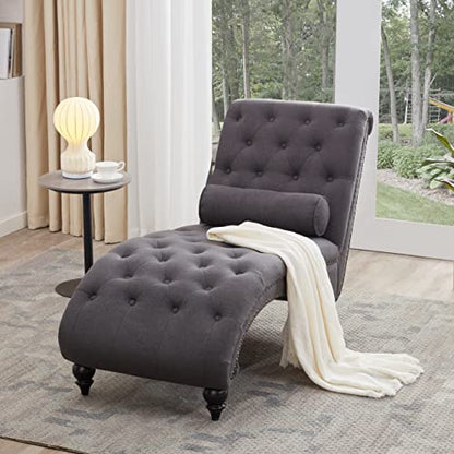 Button-Tufted Chaise Lounge Indoor with Solid Wood Legs & Support Pillow, view 4