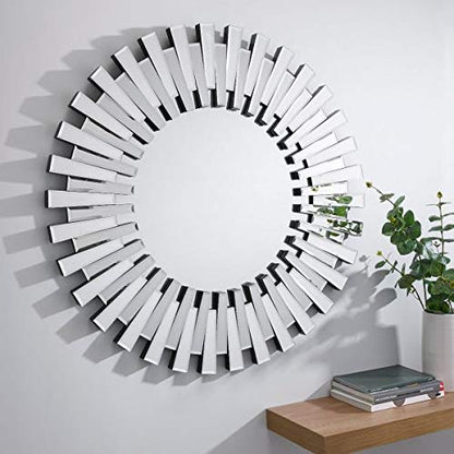 Wall Mirror - Sunburst Large Round Hanging Mirror - Silver Stylish 3D Circular Round Modern Living Room Bedroom Wall Mirror (31.5" x 31.5")