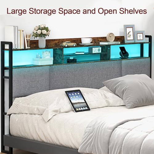 King Size Upholstered Headboard with 2 Outlets and LED Lights, view 9
