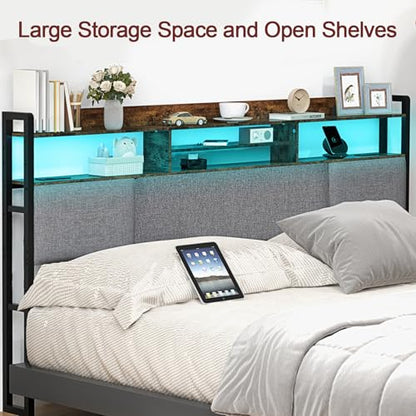 King Size Upholstered Headboard with 2 Outlets and LED Lights, view 9