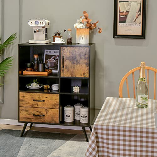 Buffet Cabinet with Storage, Industrial Kitchen Sideboard with 2 Large Drawers, 4 Cubes Cabinet, Mid-Century Cupboard, Standing Organizer for Kitchen, Entryway