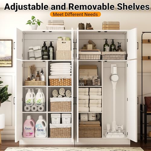 71” Tall Storage Cabinet, Farmhouse Kitchen Pantry Cabinet with Adjustable Shelves and Barn Doors, Large Bathroom Storage Cabinet, Storage Cupboard for Dinning, Living Room, Office, 2 Pack