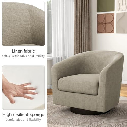 Swivel Barrel Accent Chair, Modern Round Linen Arm Chair for Living Room, Bedroom, Comfy Club Reading Chairs for Adults（Linen Fabric, Light Brown, Set of 2