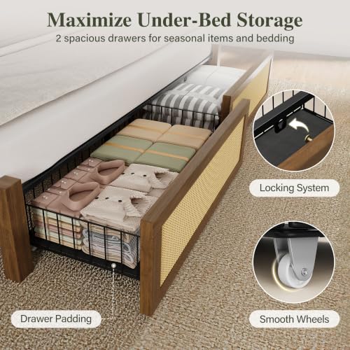 King Size Rattan Bed Frame with 2 Storage Drawers, Wood Bed, Brown, view 5