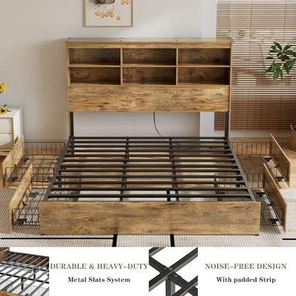 King Size Bed Frame with 50" Tall Storage Bookcase Headboard, view 7