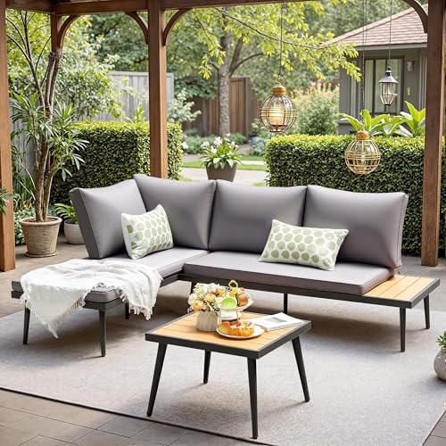 Patio Furniture Set,6 Pieces Outdoor Sectional Sofa with Cup Holder and 7.87in Wider Armrest, PE Wicker Backyard Couch Set with Coffee Table&Glass Tabletop for Deck, Porch