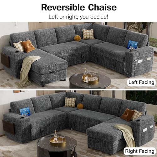 111" Modular Sectional Sleeper Sofa with Pull Out Bed, 7 Seat Chenille L Shaped Couch with USB Ports|Cup Holders|Side Table|Storage Chaise, Tool Free Assembly, Grey