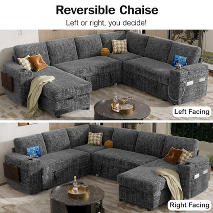 111" Modular Sectional Sleeper Sofa with Pull Out Bed, 7 Seat Chenille L Shaped Couch with USB Ports|Cup Holders|Side Table|Storage Chaise, Tool Free Assembly, Grey