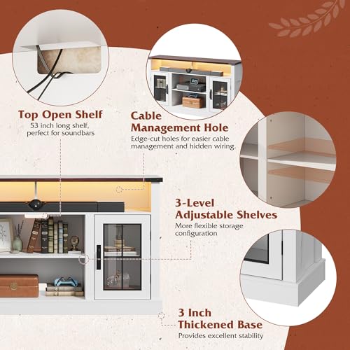 Farmhouse TV Stand for 65 Inch TV with LED Lights, TV Console, White, view 6