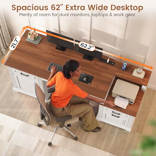 Farmhouse Executive Desk, 62'' Home Office Desk with File Drawers, view 7