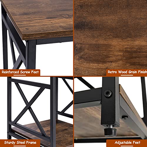 Industrial End Table, 18" Square Side Table with 2-Tier Storage Shelf, X-Design Metal Frame, Rustic Brown Nightstand Bedside Table for Living Room, Bedroom