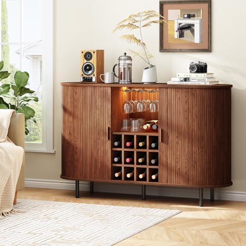 55" Wine Bar Cabinet with LED Light, Modern Fluted Liquor Whiskey Home Bar with Wine Rack and Glass Holder, Farmhouse Buffet Sideboard with Storage for Living Room, Kitchen, Entryway (Walnut)