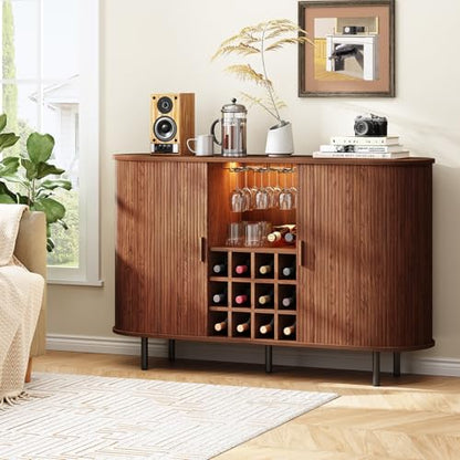 55" Wine Bar Cabinet with LED Light, Modern Fluted Liquor Whiskey Home Bar with Wine Rack and Glass Holder, Farmhouse Buffet Sideboard with Storage for Living Room, Kitchen, Entryway (Walnut)