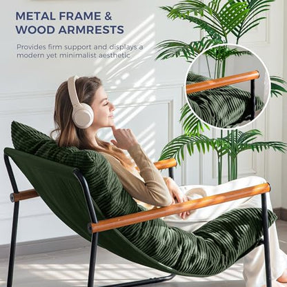 Modern Accent Chair, Comfy Living Room Chair with Metal Frame Wooden Armrest, Upholstered Armchair with Soft Cushion for Bedroom Balcony Lounge Reading Room, Dark Green