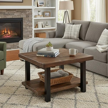 Pomona 27-Inch Square Solid Wood Coffee Table with Metal Legs – Modern Farmhouse Rustic Small Space Table by (Rustic Brown)