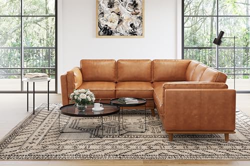 Valencia Artisan Full Leather Sofa - Pure Full Italian Nappa Leather Couch, Solid Wood Accent, Ultimate Comfort (Cognac, L-Shape Sectional)