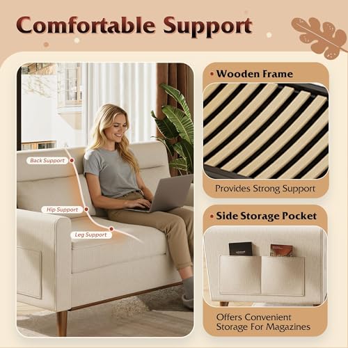 62" Loveseat Sofa, Mid Century Modern Small Couches for Living Room, Button Tufted Upholstered Couch for Bedroom, Solid Wood Frame, Easy to Install Furniture, Beige