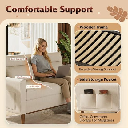 62" Loveseat Sofa, Mid Century Modern Small Couches for Living Room, Button Tufted Upholstered Couch for Bedroom, Solid Wood Frame, Easy to Install Furniture, Beige