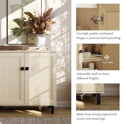 Multifunctional Buffet Sideboard Cabinet Farmhouse Modern Storage Cabinet with Adjustable Shelves for Kitchen, Coffee Bar, Living Room, Beige