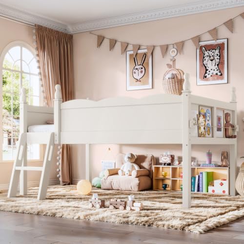 JIVOIT Twin Low Loft Bed, Solid Wood, Full Guardrails, Ladder & Side Bookshelf (Beige/ Twin,76)