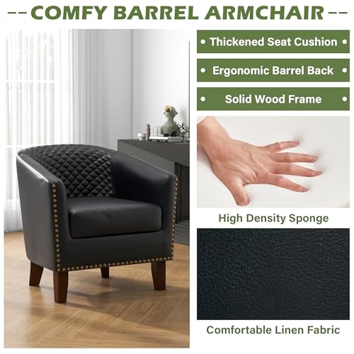 Faux Leather Barrel Accent Chairs Set of 2, Modern Club Upholstered Arm Chair, Comfy Armchair Nailed Trim Living Room Single Sofa Reading Seat Bedroom Side Sitting for Office, Black