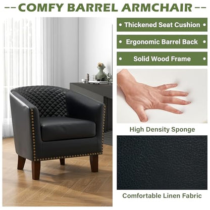 Faux Leather Barrel Accent Chairs Set of 2, Modern Club Upholstered Arm Chair, Comfy Armchair Nailed Trim Living Room Single Sofa Reading Seat Bedroom Side Sitting for Office, Black