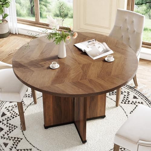 39-Inch Round Dining Table for 4, Rustic Kitchen Table with X-Shaped Stable Pedestal, Farmhouse Dinner Table for Dining Room, Living Room, Dark Brown