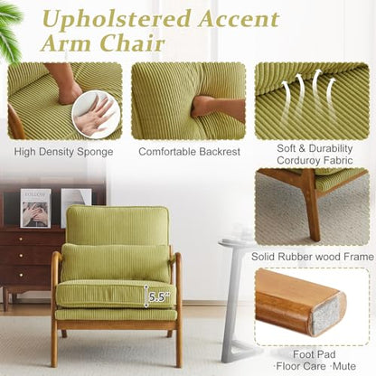 Upgraded Premium Corduroy Accent Chair,Upholstered Arm Chair,Solid Wood Comfy Reading Chair with Pillow, Mid Century Modern Chairs for Living Room,Bedroom,Guest Room,Green