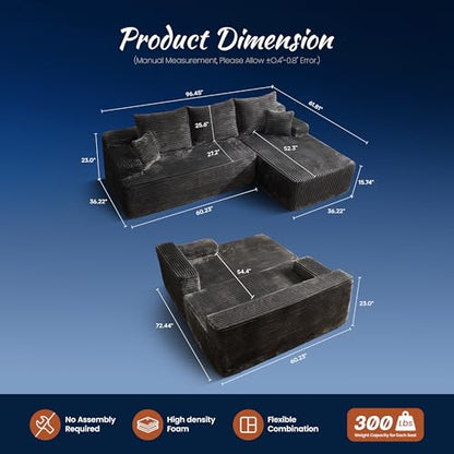 104" Cloud Boneless Couch with Glitter Fabric, Moudular Sectional Sofa with Deep Seat, No Assembly Required, Modern Minimalist L Shaped Couches with Chaise for Living Room, Grey