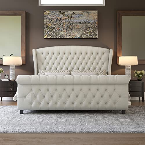 Queen Size Upholstered Sleigh Bed Frame with Wingback Headboard, view 4