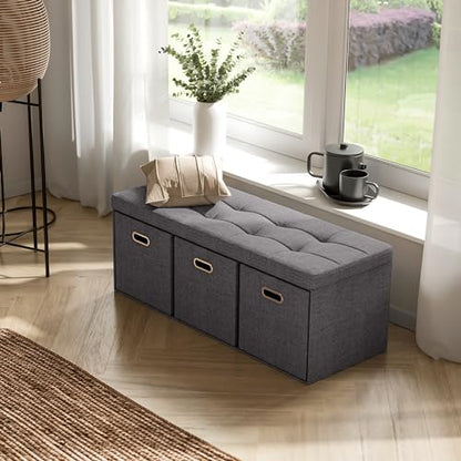 40 Inch Storage Ottoman with 3 Drawers, Tufted Linen, Dark Gray | Foldable Large Bench Design; Foot Rest Stool Seat; Ideal for Living Room, Bedroom or Entryway